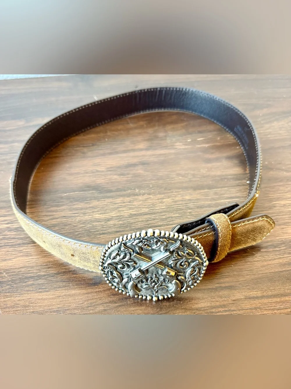 Women's Tan Leather Belt with Ornate Silver Western Buckle Size 24